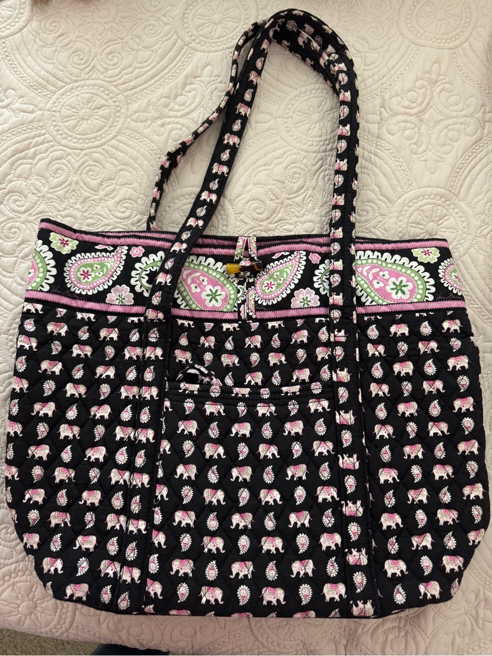 Vera Bradley Black Quilted Tote with Pink & Green Paisley and Elephant Print